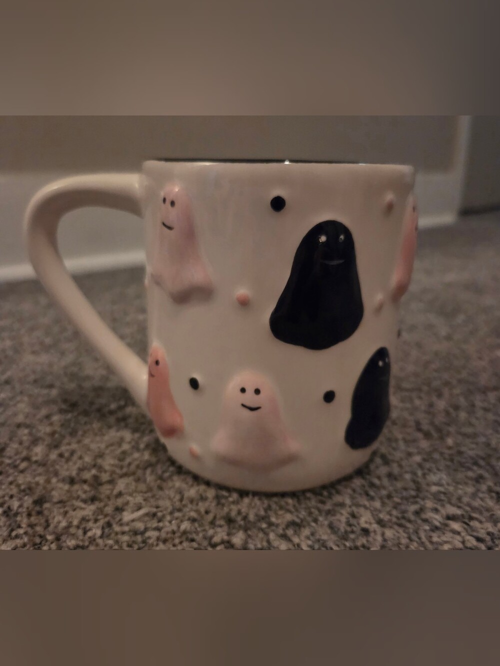 Pink & Black Puffed Ghosts Halloween Mug Cobwebs & Cauldrons